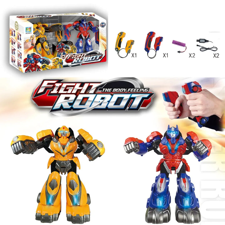 El Set de Robots de Combate KD-8813 lleva el juego a otro nivel. Con tecnología somatosensorial, los niños pueden pelear moviendo sus manos: cada golpe, bloqueo y movimiento se refleja en el robot. ¡Es como tener una batalla real en versión juguete! Incluye dos robots grandes totalmente articulados, luces, sonidos y sistema 2.4GHz para que ambos peleen sin interferencias.