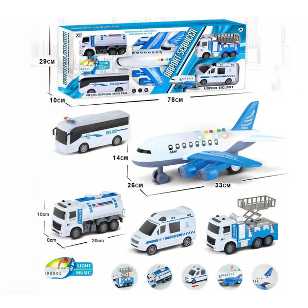 El Set Airport Servicer combina diversión, luces y aprendizaje.
Los niños podrán recrear las operaciones de un aeropuerto real con 5 vehículos diferentes, incluyendo un avión A380 con luz y sonido, un camión cisterna, un bus policial, una ambulancia y una grúa elevadora.