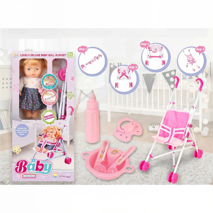 muñeca con cochecito, cochecito de muñecas importado, juguete 3 años, juguete 4 años, juguete 5 años, muñeca + carrito plástico, juguete importado Colombia, set de muñeca coleccionable, regalo para niñas 3-5 años, envío rápido juguete