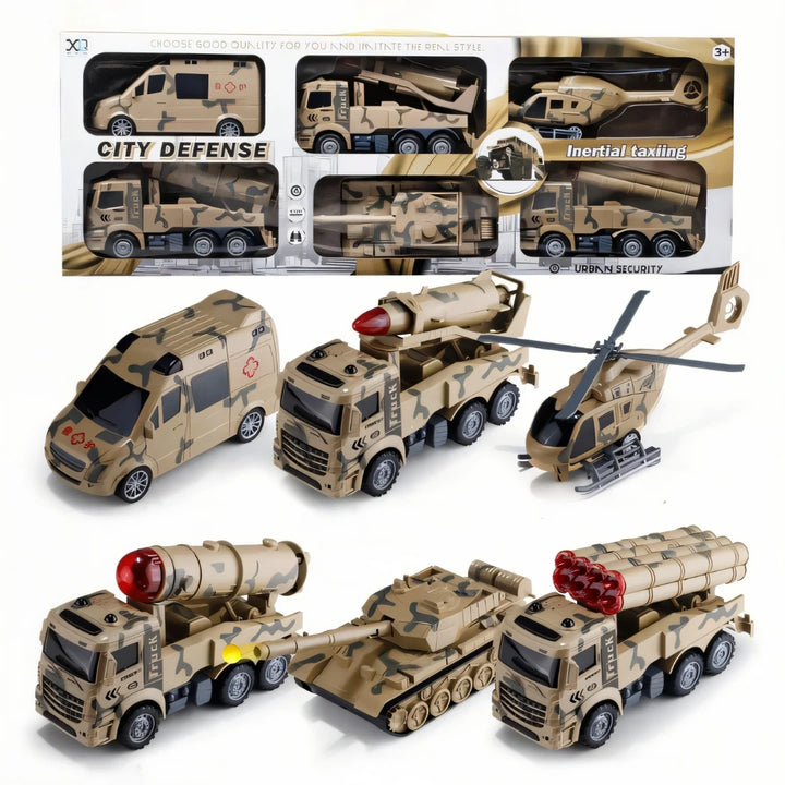 El Set City Defense es perfecto para los pequeños estrategas y amantes de la acción.
Incluye 6 vehículos militares con diseño de camuflaje, como tanque, camión lanzamisiles, helicóptero y ambulancia táctica.