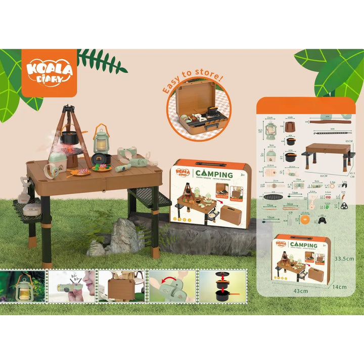 El Set de Camping Koala Diary FDE89181 es el compañero perfecto para pequeños exploradores. Este completo juego incluye una mesa armable, linterna, olla, tetera, binoculares y múltiples accesorios que recrean una experiencia real de camping.