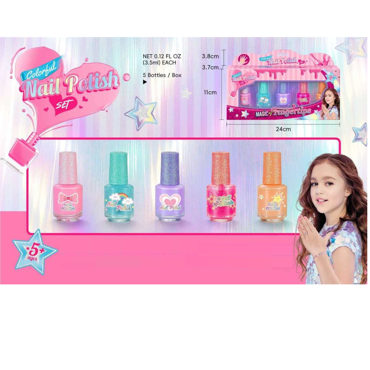 El Set de Esmaltes Colorful Nail Polish es perfecto para las pequeñas que aman el brillo, el color y la creatividad.
Incluye 5 tonos mágicos con acabado brillante, ideales para combinar y crear diseños únicos. Cada esmalte viene con tapa brillante y diseño adorable, pensados especialmente para niñas.