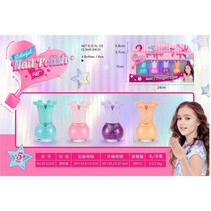 El Set de Esmaltes Infantiles Magic Fingertips es el regalo perfecto para niñas que aman los colores, el brillo y el glamour.
Incluye 4 esmaltes con tapas en forma de corona, en tonos pastel con acabado brillante. Cada botella es tan linda como las manos que la usarán.