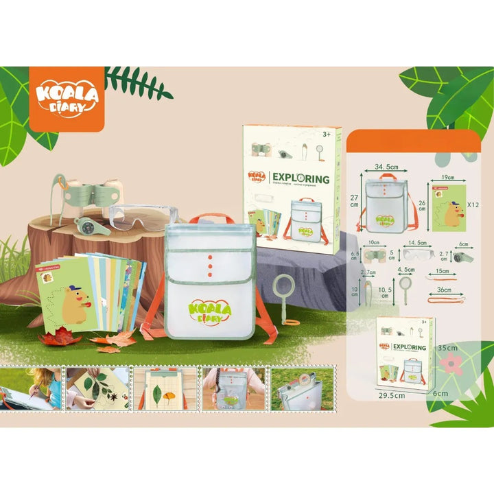 El Set de Exploración Koala Diary FDE89271 es el compañero perfecto para pequeños curiosos que aman descubrir el mundo natural. Incluye mochila transparente, lupa, binoculares, gafas protectoras y 12 tarjetas de observación, ideales para aprender sobre insectos, plantas y hojas.