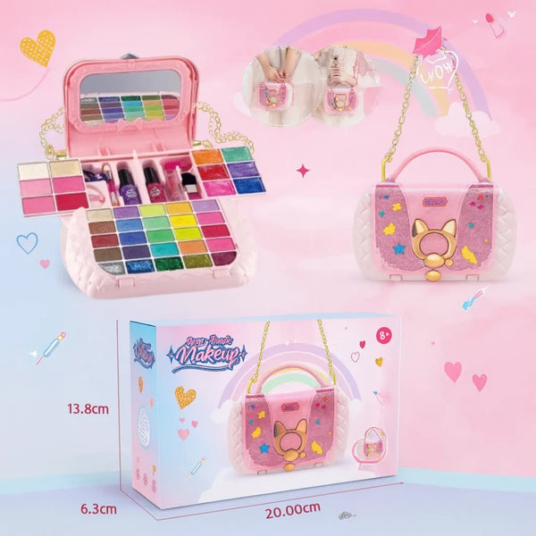 Haz que la hora del juego sea mágica con el Set de Maquillaje Infantil Bolso Dream Beauty Makeup. Su diseño en forma de cartera elegante con cadena dorada y espejo interior invita a las niñas a explorar su creatividad y estilo.