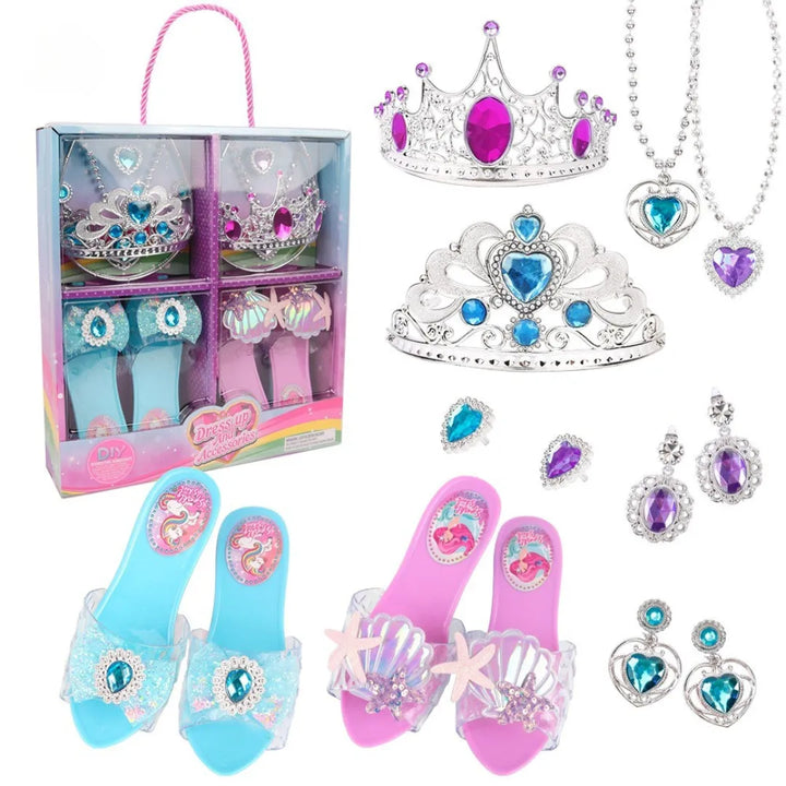 El Set de Princesa SP02-2 es el complemento perfecto para que las niñas vivan su propio cuento de hadas. Incluye zapatos, coronas, anillos, aretes y collares, con diseños llenos de brillo y detalles en tonos rosa, azul y violeta. Cada pieza está pensada para ofrecer diversión, elegancia y juego imaginativo.