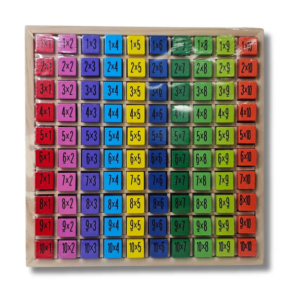 tablas de multiplicar madera, juguete educativo matemáticas, tablero multiplicación 1 al 10, juguetería Colombia, aprendizaje infantil, fichas de madera, matemáticas para niños