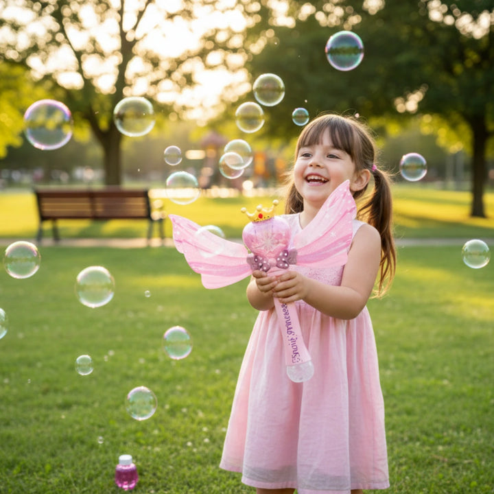 Su diseño en tonos rosados, con alas transparentes, corazón luminoso y una pequeña corona dorada, cautiva desde el primer instante. Ideal para juegos de princesa, fiestas, disfraces, sesiones de fotos y tardes llenas de imaginación.